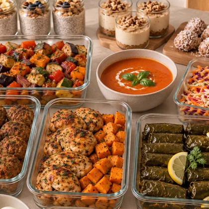 Meal prep εβδομάδας σε γυάλινα δοχεία: ντολμαδάκια με λεμόνι, κοτόπουλο με γλυκοπατάτα, μπιφτέκια, μπριάμ, σαλάτα λάχανο καρότο, ντοματόσουπα, chia pudding, cheesecake σε βαζάκια και τρουφάκια καρύδας