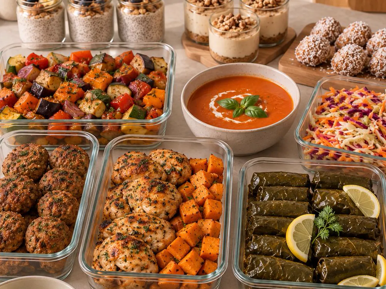 Meal prep εβδομάδας σε γυάλινα δοχεία: ντολμαδάκια με λεμόνι, κοτόπουλο με γλυκοπατάτα, μπιφτέκια, μπριάμ, σαλάτα λάχανο καρότο, ντοματόσουπα, chia pudding, cheesecake σε βαζάκια και τρουφάκια καρύδας