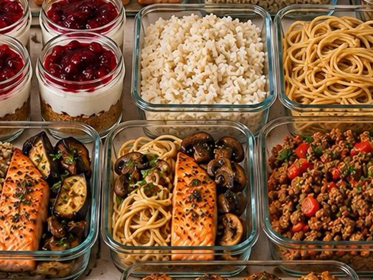 Γυάλινα δοχεία meal prep με ρύζι, ζυμαρικά, κιμά με πιπεριά και bowls με σολομό, κινόα, noodles και μανιτάρια, δίπλα σε βαζάκια με γλυκό