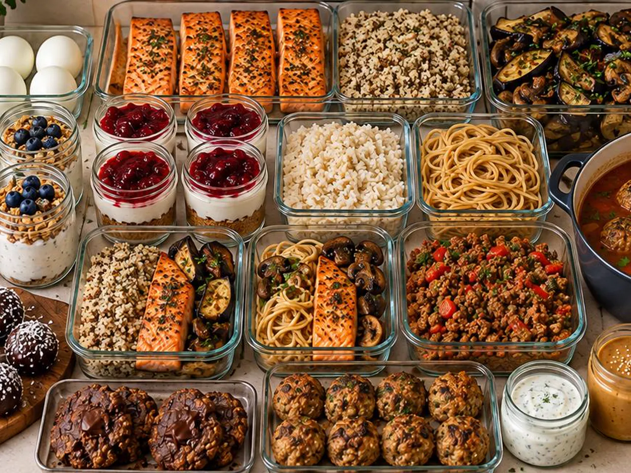 Ολόκληρο εβδομαδιαίο meal prep σε γυάλινα δοχεία: βραστά αυγά, σολομός, κινόα, μελιτζάνες με μανιτάρια, cheesecake σε βαζάκια, σούπα με κεφτεδάκια, energy balls, cookies βρώμης και σως