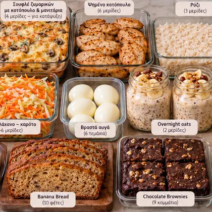 Γυάλινα δοχεία meal prep με παστίτσιο, σουφλέ ζυμαρικών, ψημένο κοτόπουλο, ρύζι, ομελέτα φούρνου, φακές, σαλάτα λάχανο-καρότο, βραστά αυγά, overnight oats, τορτίγιες, carrot cake bites, banana bread και brownies