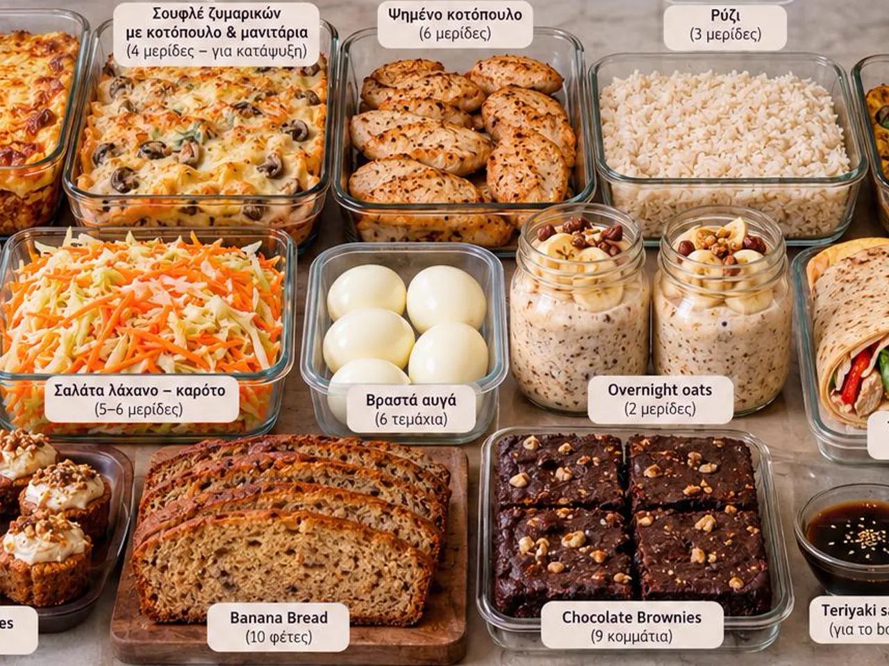 Γυάλινα δοχεία meal prep με παστίτσιο, σουφλέ ζυμαρικών, ψημένο κοτόπουλο, ρύζι, ομελέτα φούρνου, φακές, σαλάτα λάχανο-καρότο, βραστά αυγά, overnight oats, τορτίγιες, carrot cake bites, banana bread και brownies